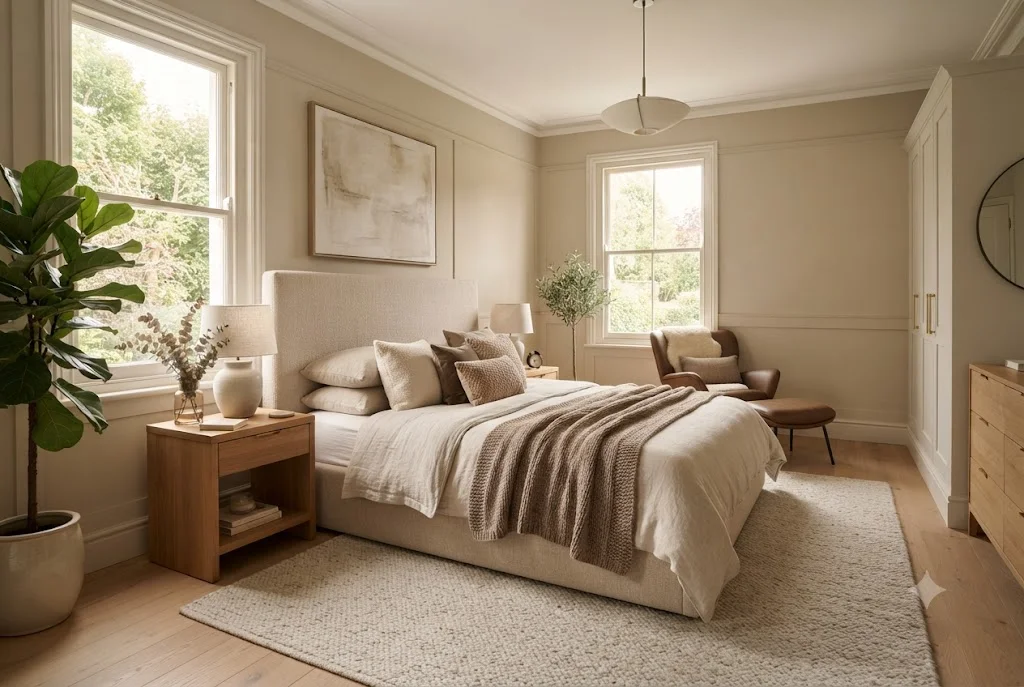 Elegant bedroom decor ideas featuring beige bedroom decor, brown accents, and a comfortable armchair in a stylish UK bedroom.