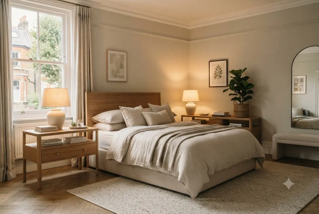 Modern bedside utility tables with a stylish table lamp and practical bedroom storage.