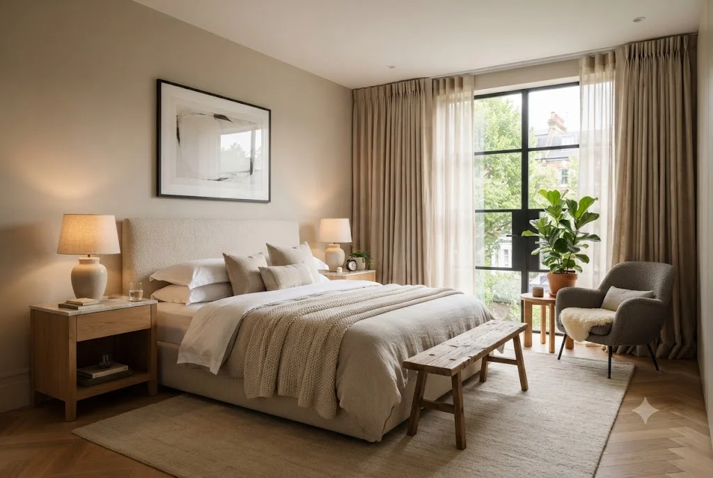 Elegant curtains for bedroom with floor-to-ceiling beige drapes in a stylish modern UK bedroom.