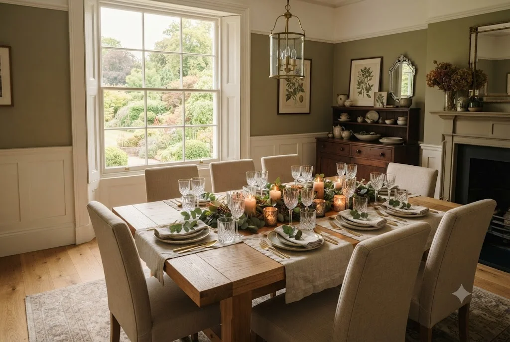 Elegant dining table decor with fabric placemats and table garland in a stylish UK dining room.