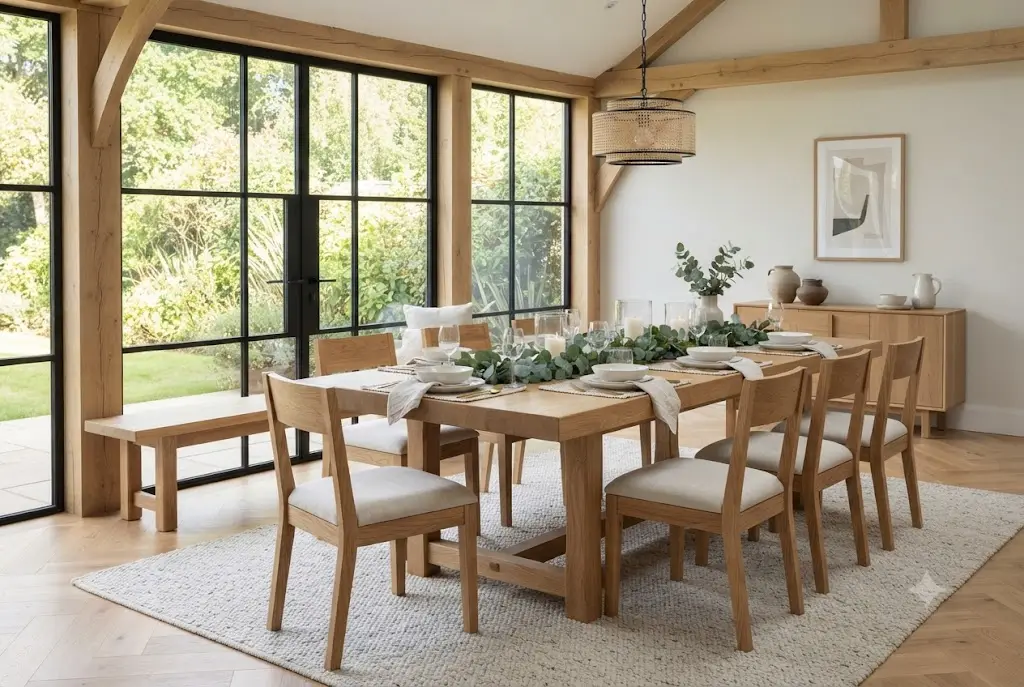 Solid oak dining table with elegant décor in a contemporary UK dining room.
