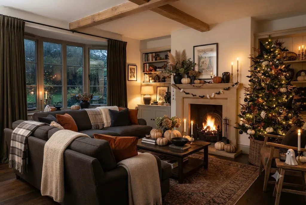 Elegant halloween home decor featuring pumpkins, candles, and Halloween tree decorations in a modern living room.