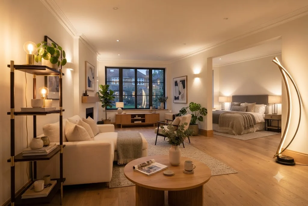 Modern home lighting ideas featuring a floor lamp with shelves, corner lamp, and stylish living room lighting.
