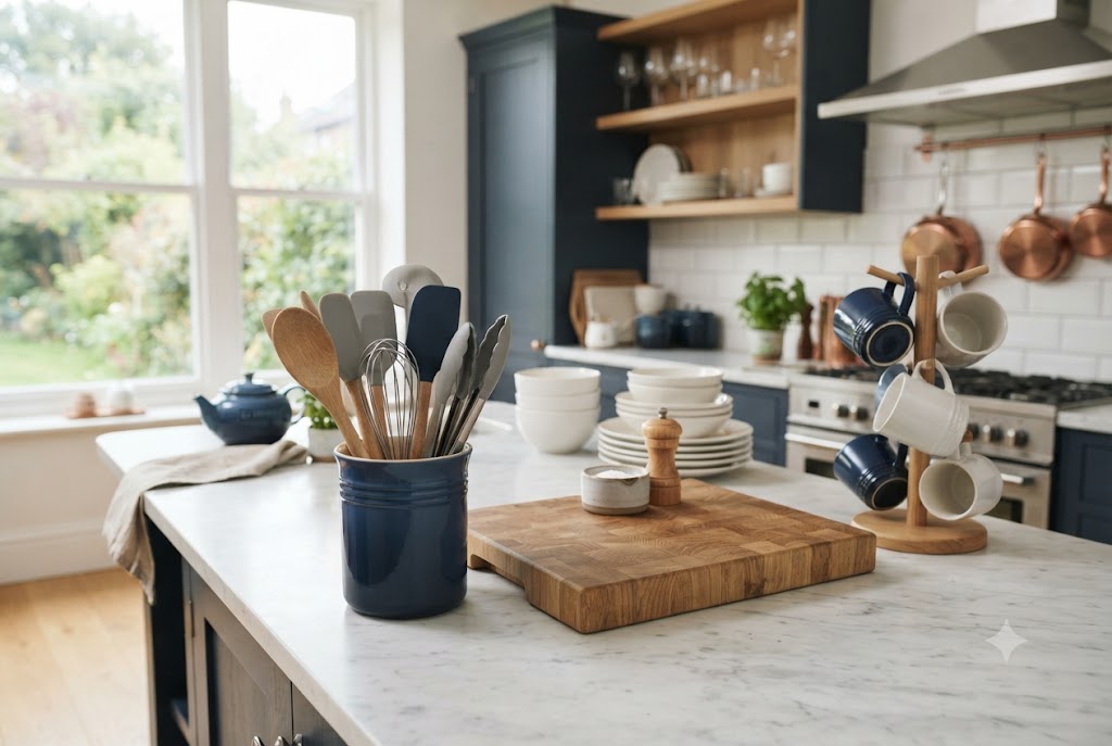 Modern kitchen utensils displayed in a stylish UK kitchen with crockery and navy blue kitchenware.
