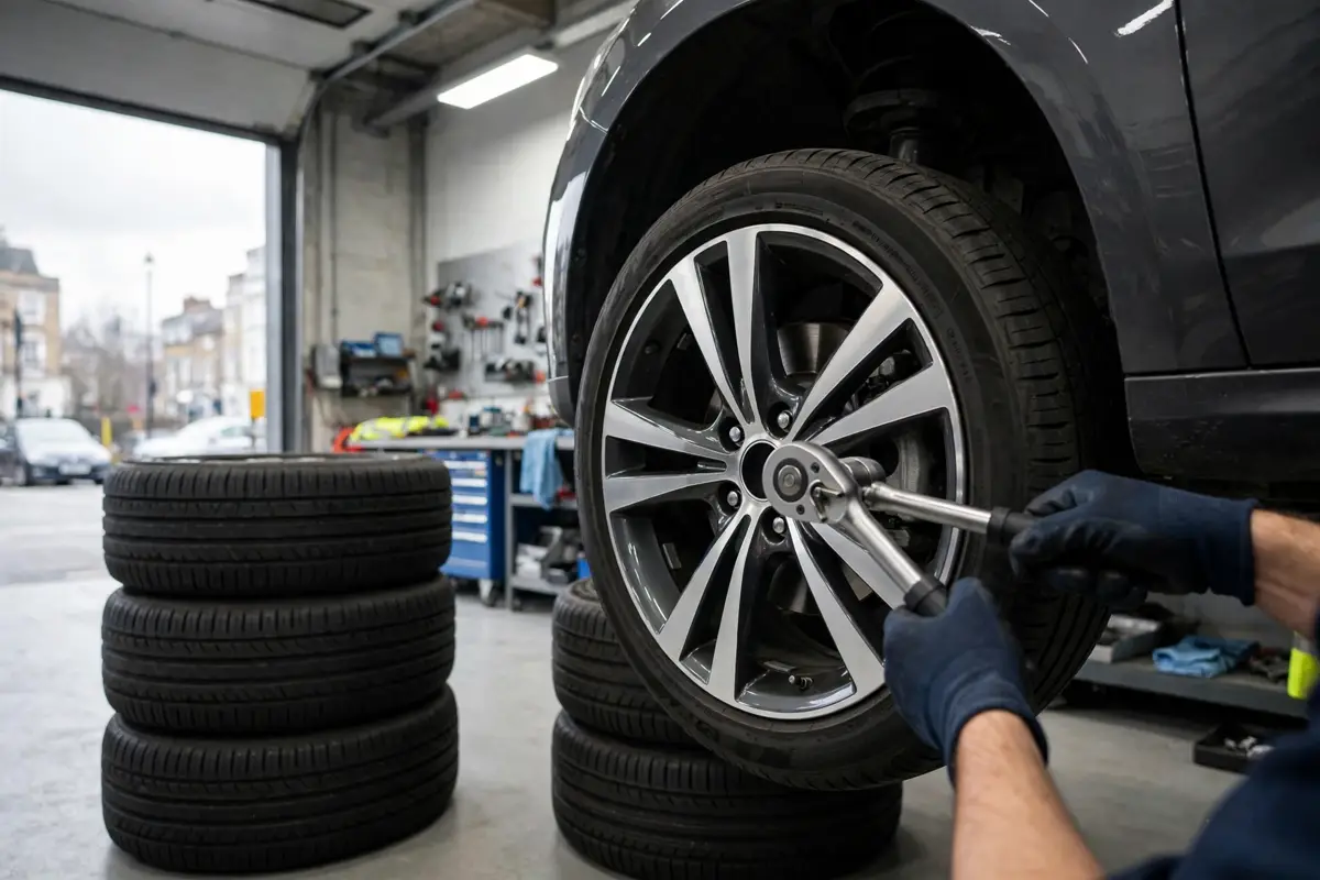 tyre services in London – a technician checking a car tyre in a workshop