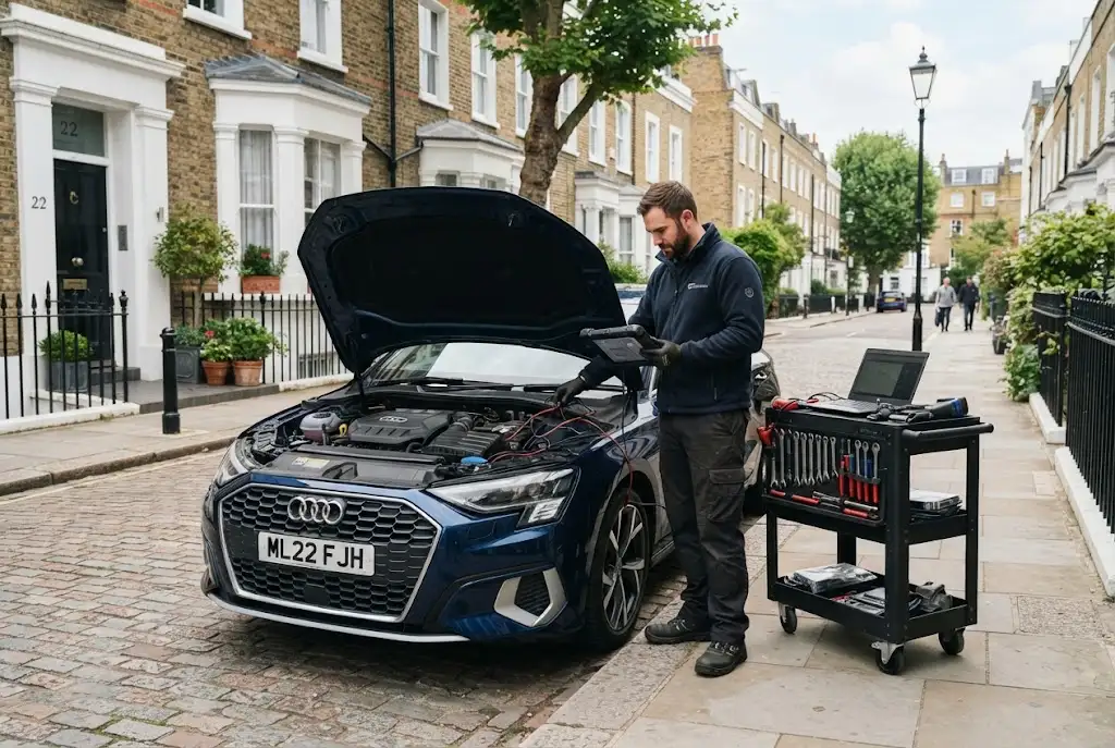 Mobile auto service with a mechanic servicing a car in London