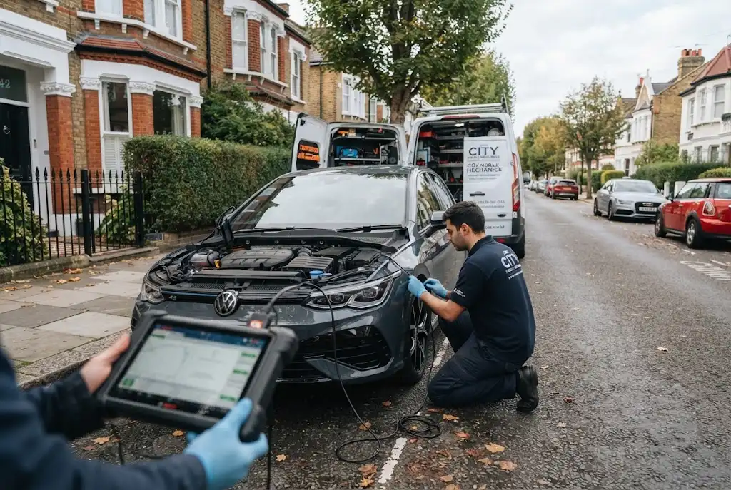 Mobile auto service mechanic servicing a car in London