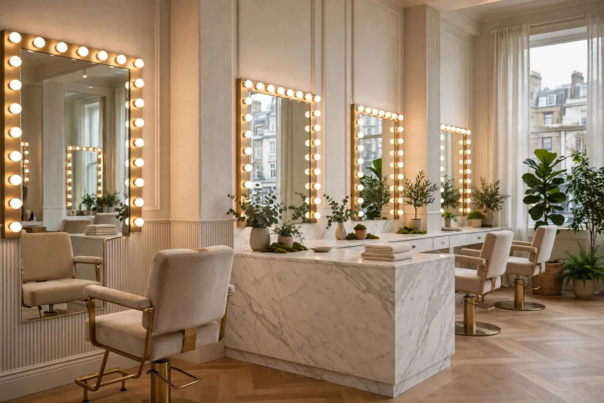 best beauty salons London - a bright London salon interior with illuminated mirrors and styling chairs